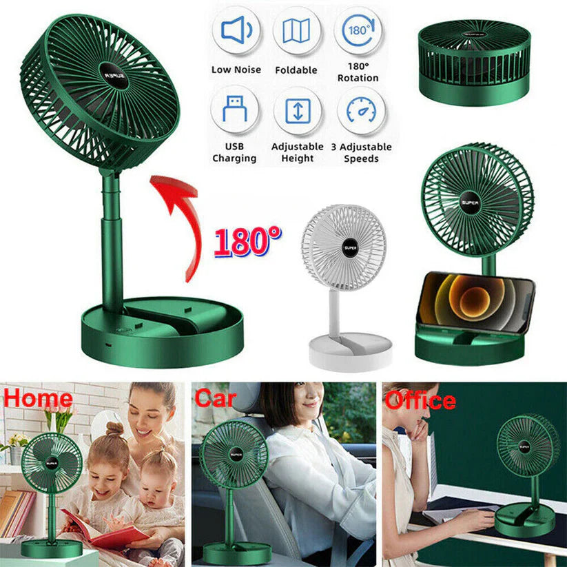Smart Telescopic Rechargeable Fan – 3-Speed Foldable Personal Cooler & Desk Stand